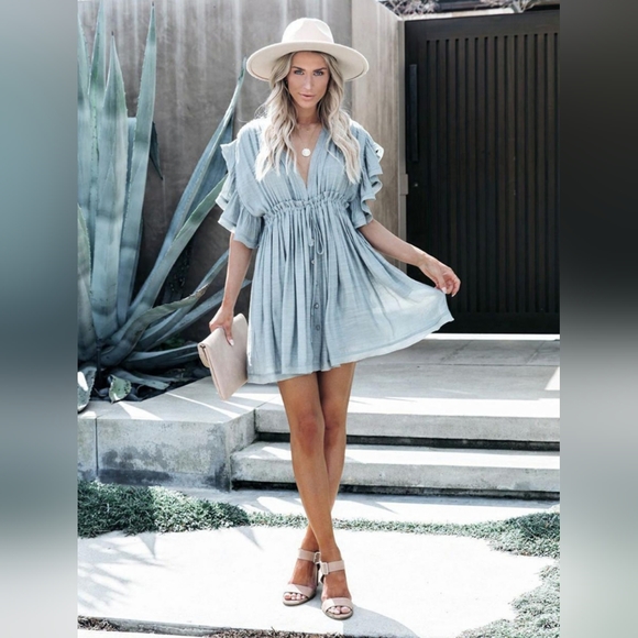 New Flowy Flutter Cover Up Mini Dress Deep Plunge Summer Light Blue - Picture 2 of 10